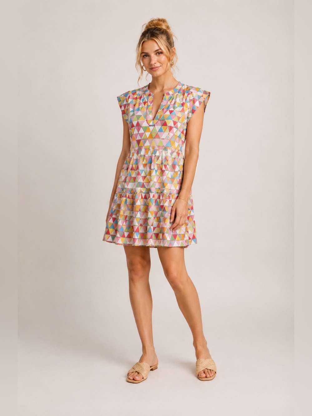 Saloni Women Size 2 Geometrical Print Tiered Mini Dress Cotton Colorful Pockets
